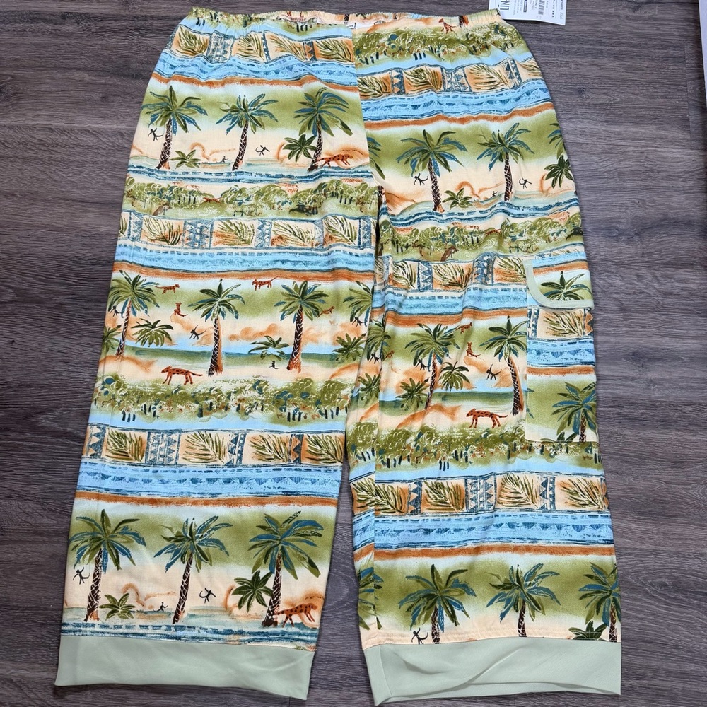 Vintage Tropical Capri Pants XL Elastic Waist Rayon Wide Leg